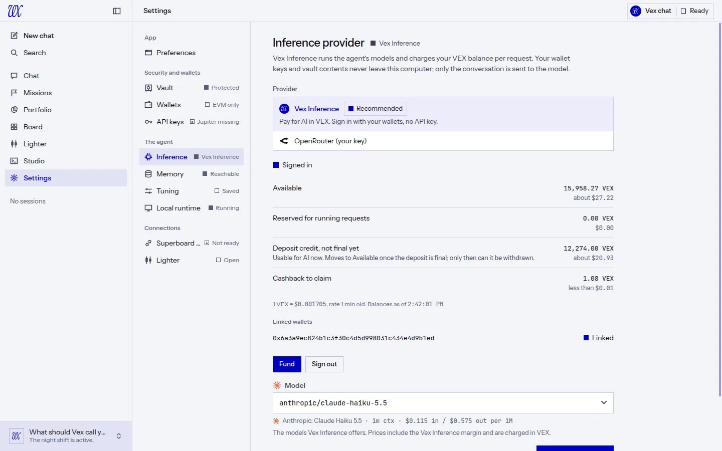 The Vex Inference account in VEX Desktop settings: Available, Reserved for running requests, a deposit credit that is not final yet and usable for AI now, Cashback to claim, and one rate line, 1 VEX in dollars with how old the rate is
