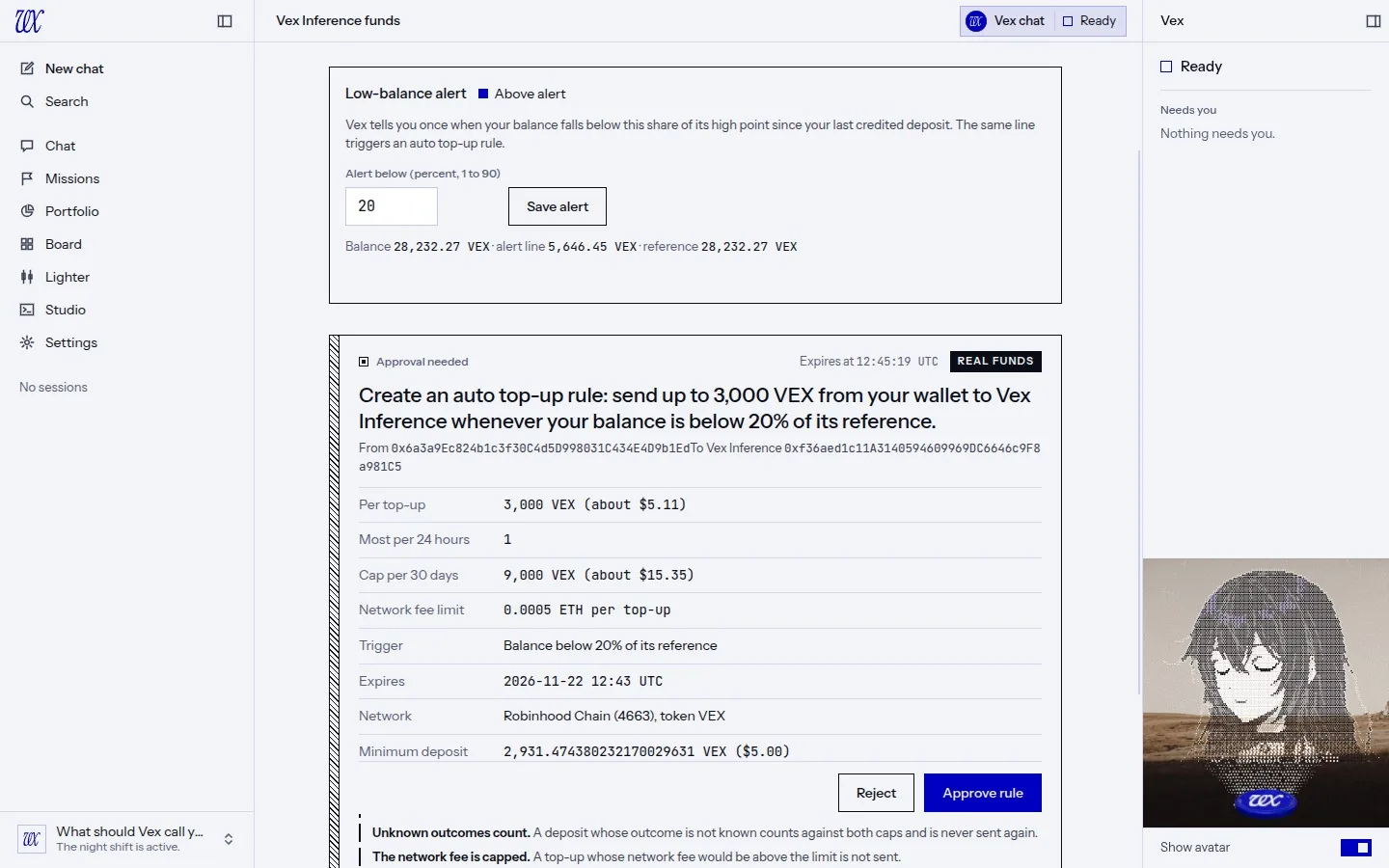 The Vex Inference funds page in VEX Desktop: the low-balance alert set at 20 percent, then the approval card for an auto top-up rule, marked REAL FUNDS, with the amount per top-up, the most per 24 hours, the cap per 30 days, the network fee limit, the trigger, the expiry and the network, and Reject before Approve rule