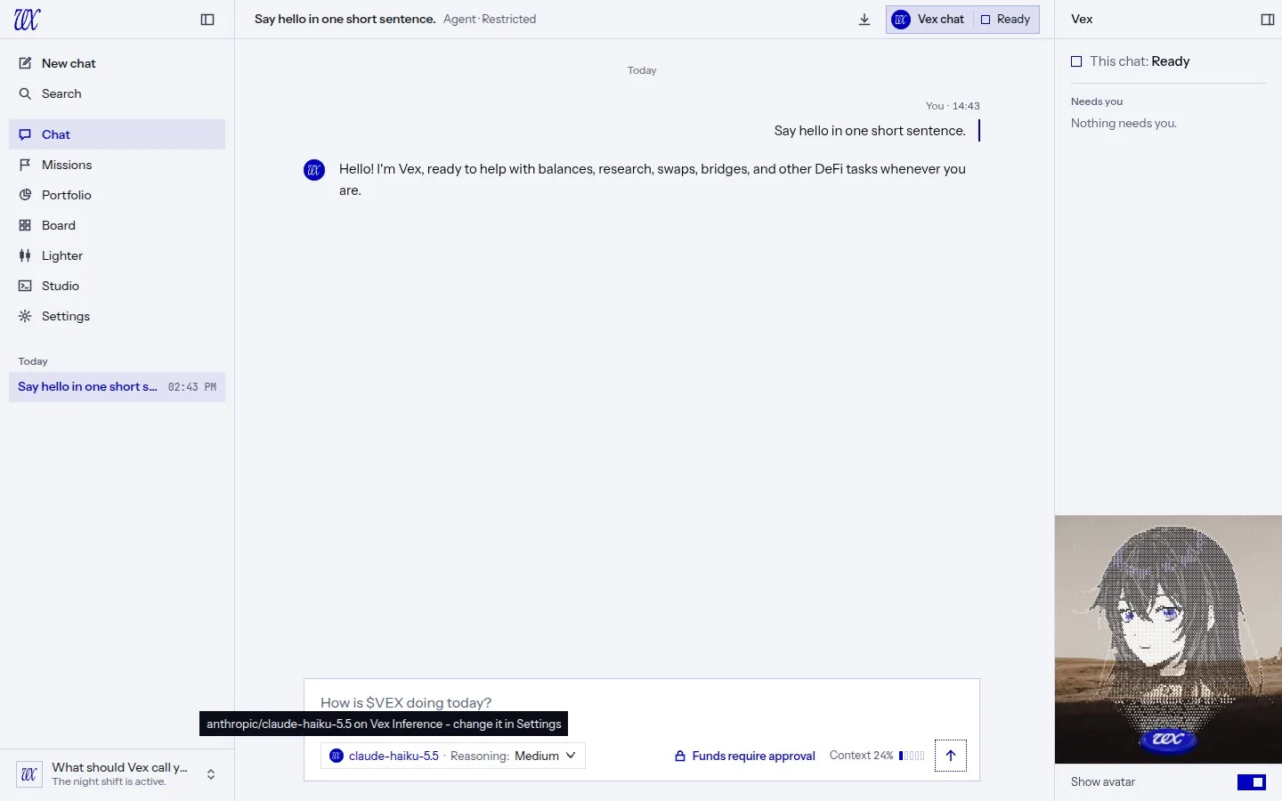 A VEX Desktop chat: the composer's model key starts with the vx disc for claude-haiku-5.5, and its tooltip names the model and says it runs on Vex Inference