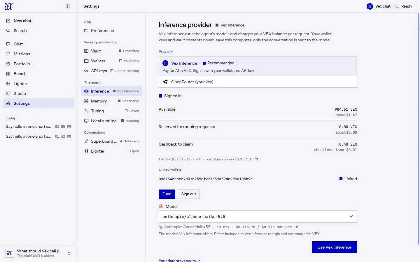 VEX Desktop settings, Inference: the provider list with Vex Inference first, marked Recommended, and OpenRouter (your key) below it; under it the signed-in account with Available, Reserved for running requests and Cashback to claim, the linked wallet, the Fund and Sign out keys and the model picker